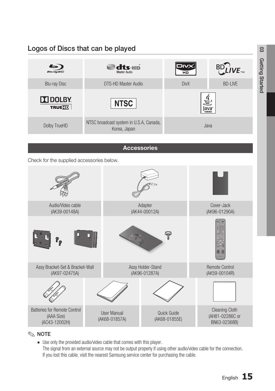 Logos of discs that can be played, Accessories | Samsung BD-C7500-XAA User Manual | Page 15 / 70