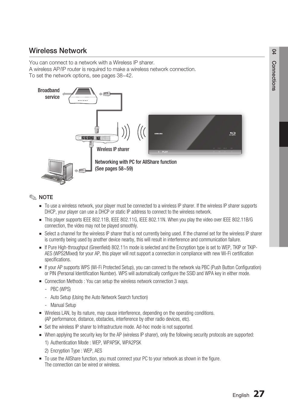 Wireless network | Samsung BD-C7500-XAA User Manual | Page 27 / 70