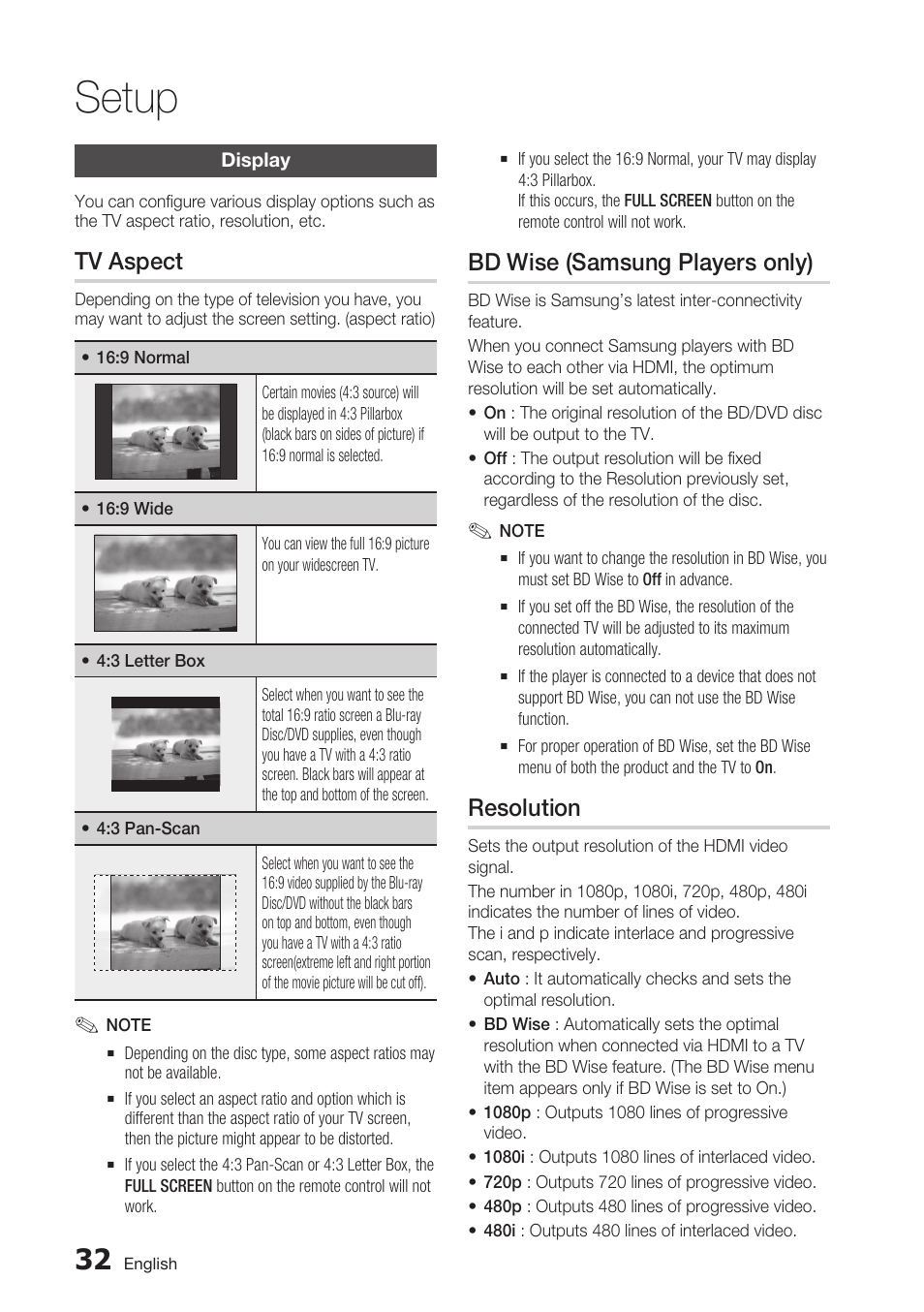 Display, Tv aspect, Bd wise (samsung players only) | Resolution, Setup | Samsung BD-C7500-XAA User Manual | Page 32 / 70