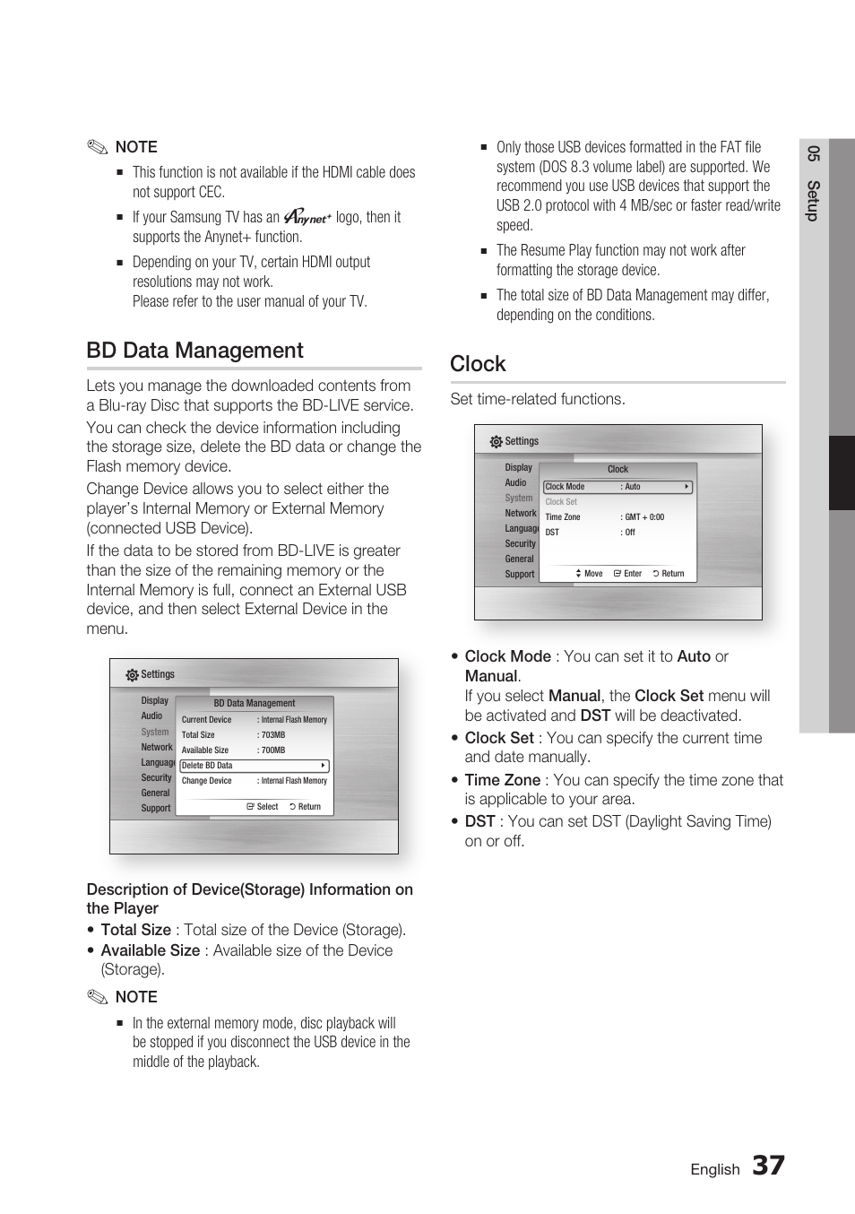 Bd data management, Clock | Samsung BD-C7500-XAA User Manual | Page 37 / 70