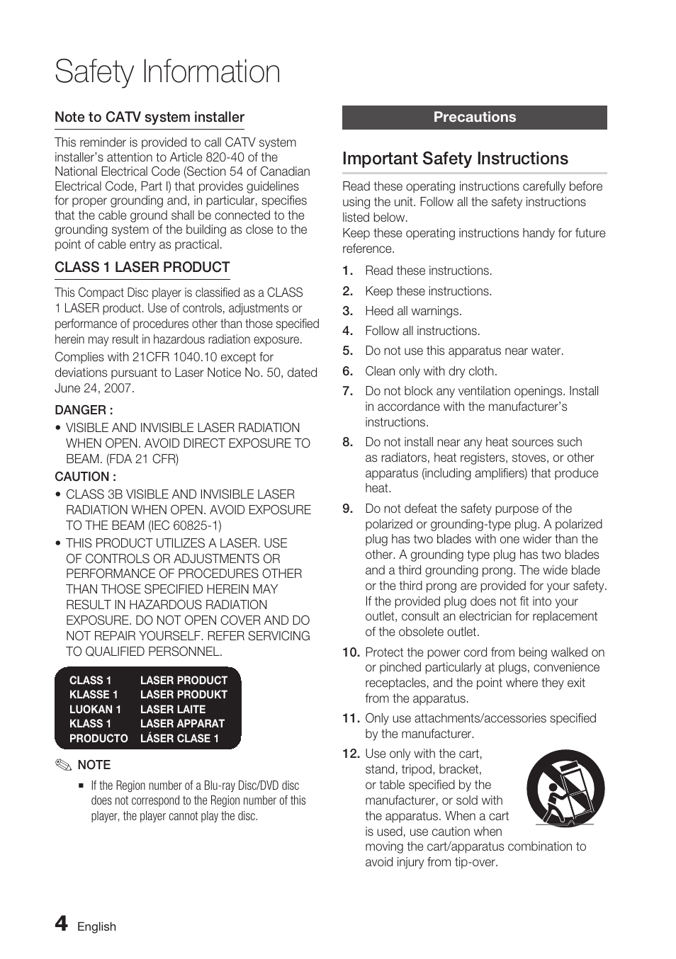 Precautions, Important safety instructions, Safety information | Samsung BD-C7500-XAA User Manual | Page 4 / 70