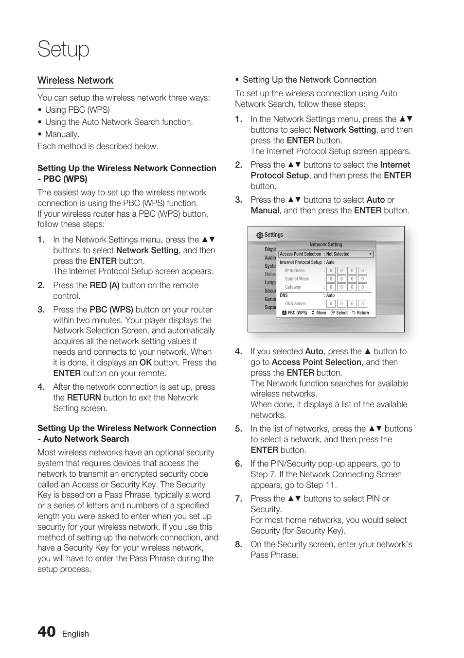 Setup, Wireless network | Samsung BD-C7500-XAA User Manual | Page 40 / 70