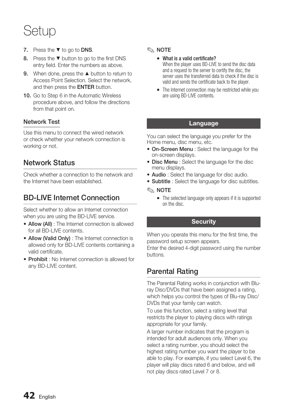 Network status, Bd-live internet connection, Language | Security, Parental rating, Setup | Samsung BD-C7500-XAA User Manual | Page 42 / 70