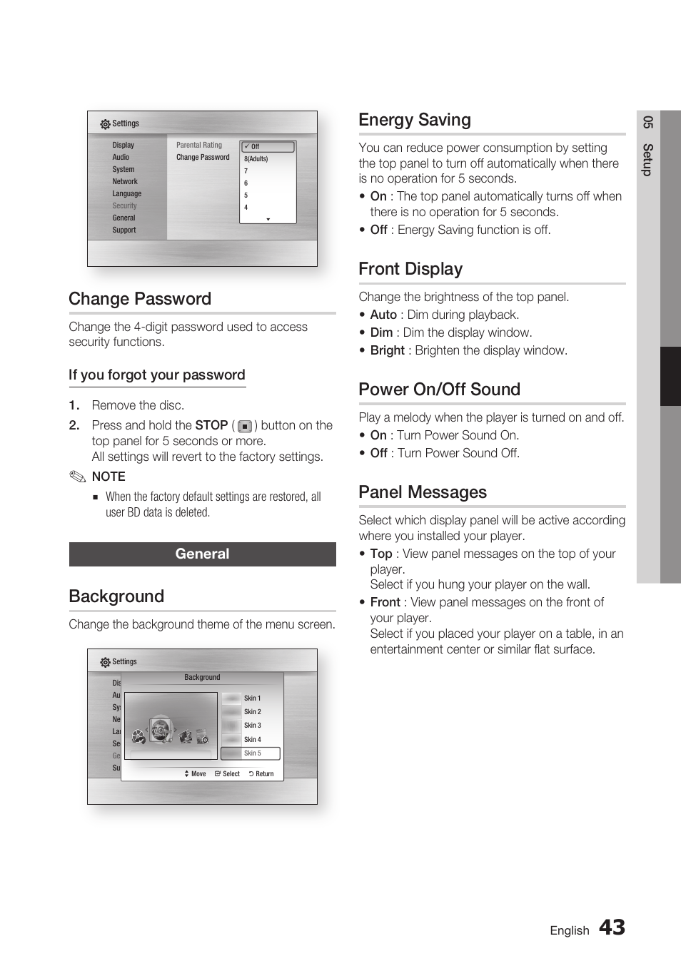 Change password, General, Background | Energy saving, Front display, Power on/off sound, Panel messages | Samsung BD-C7500-XAA User Manual | Page 43 / 70