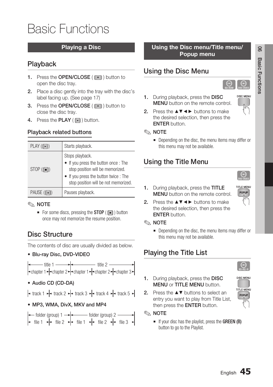 Basic functions, Playing a disc, Playback | Disc structure, Using the disc menu/title menu/popup menu, Using the disc menu, Using the title menu, Playing the title list | Samsung BD-C7500-XAA User Manual | Page 45 / 70