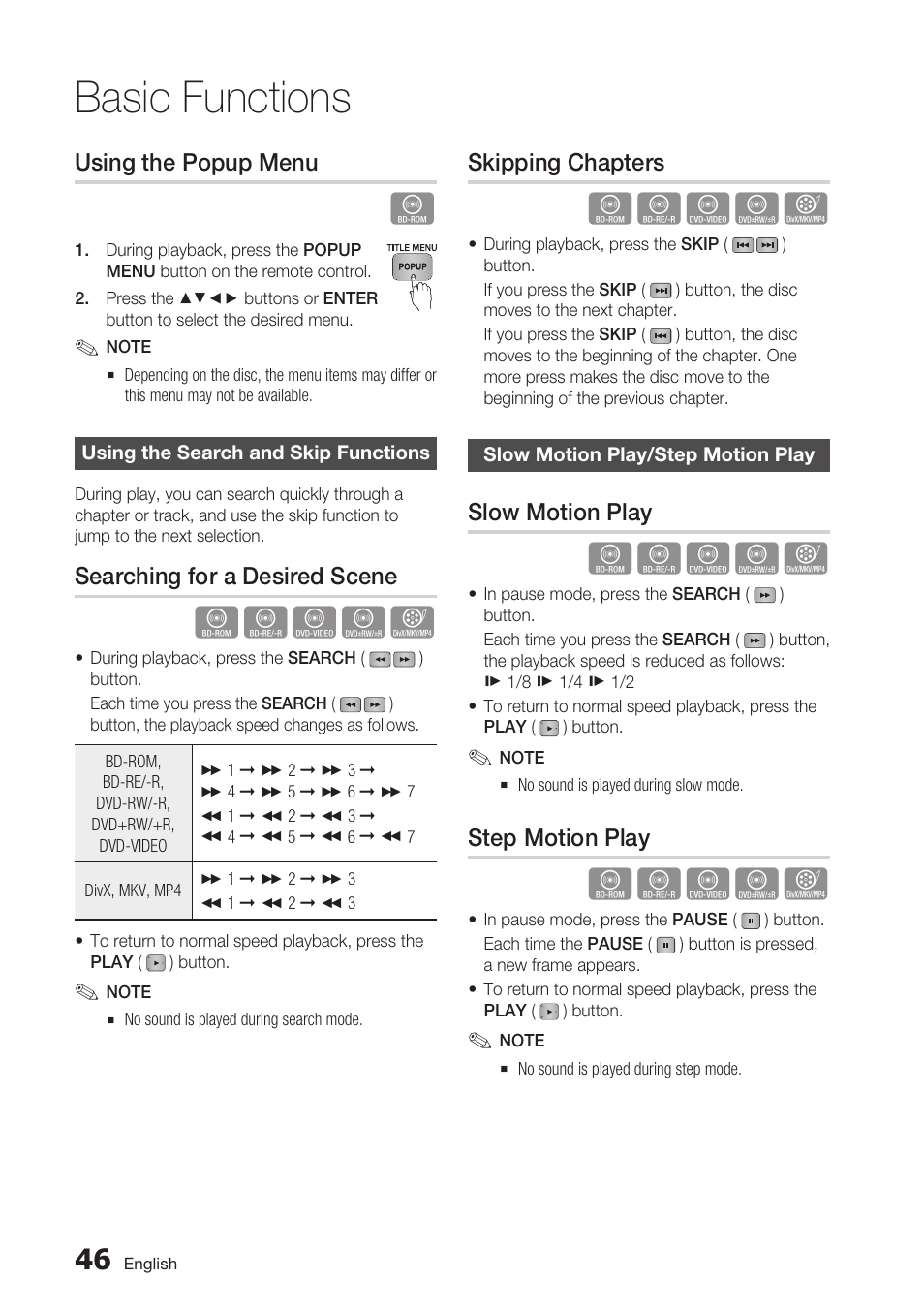 Using the popup menu, Using the search and skip functions, Searching for a desired scene | Skipping chapters, Slow motion play/step motion play, Slow motion play, Step motion play, Basic functions | Samsung BD-C7500-XAA User Manual | Page 46 / 70