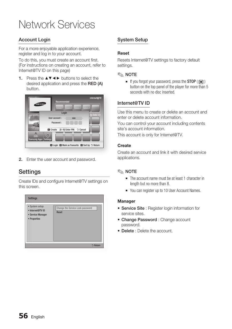 Settings, Network services, Account login | System setup, Internet@tv id | Samsung BD-C7500-XAA User Manual | Page 56 / 70