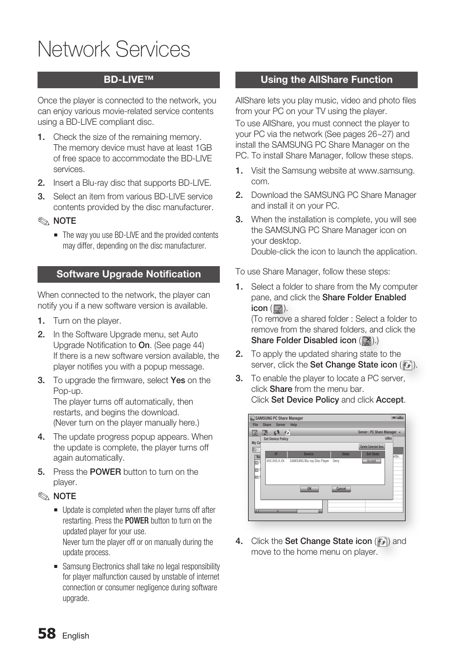 Bd-live, Software upgrade notification, Using the allshare function | Network services | Samsung BD-C7500-XAA User Manual | Page 58 / 70