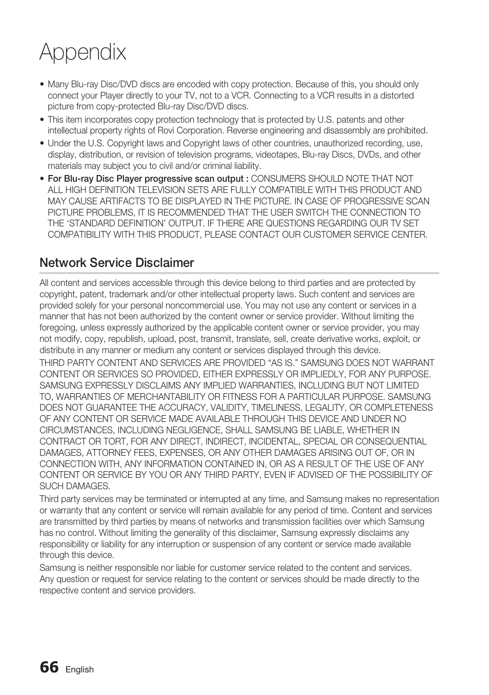 Network service disclaimer, Appendix | Samsung BD-C7500-XAA User Manual | Page 66 / 70