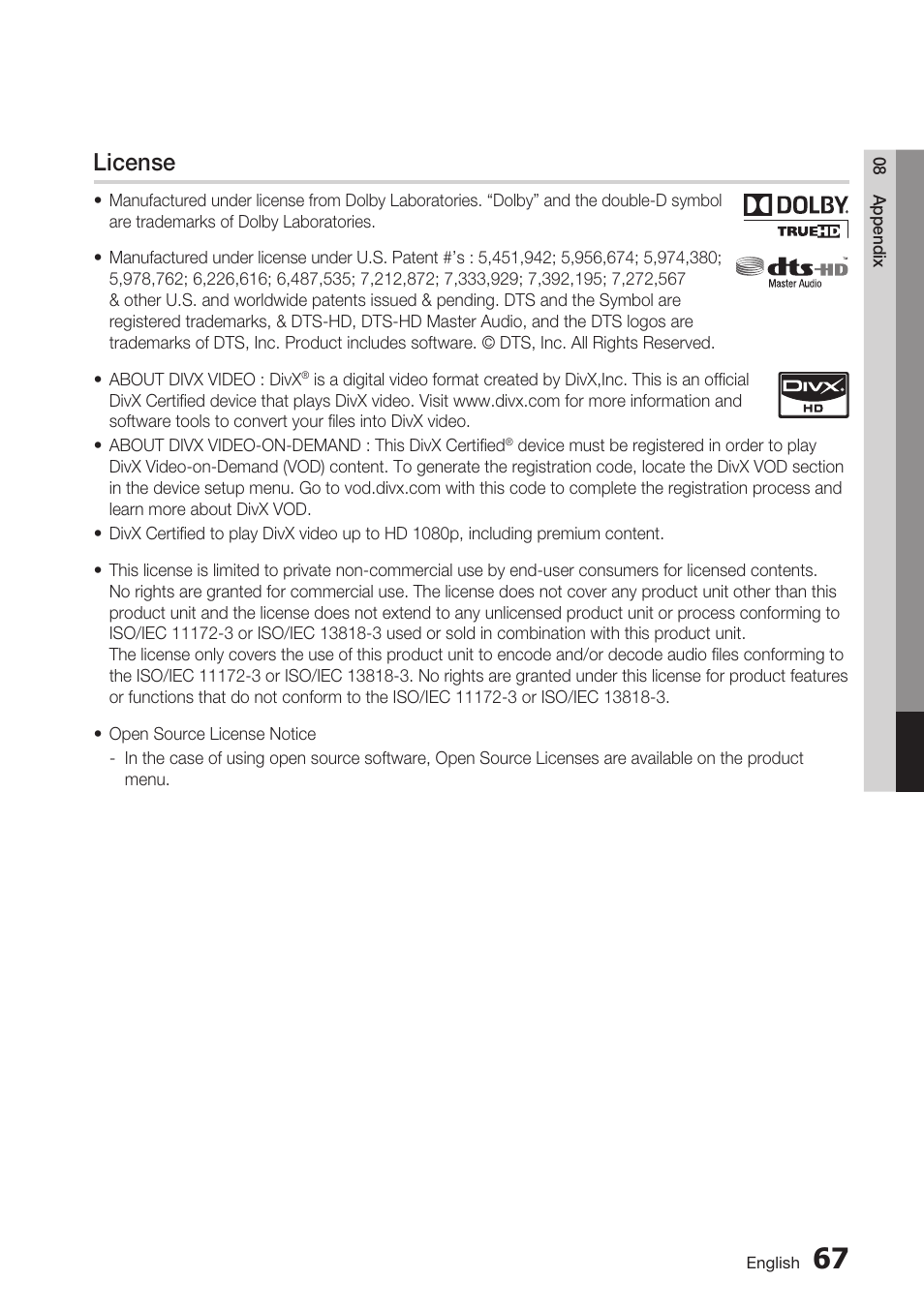 License | Samsung BD-C7500-XAA User Manual | Page 67 / 70