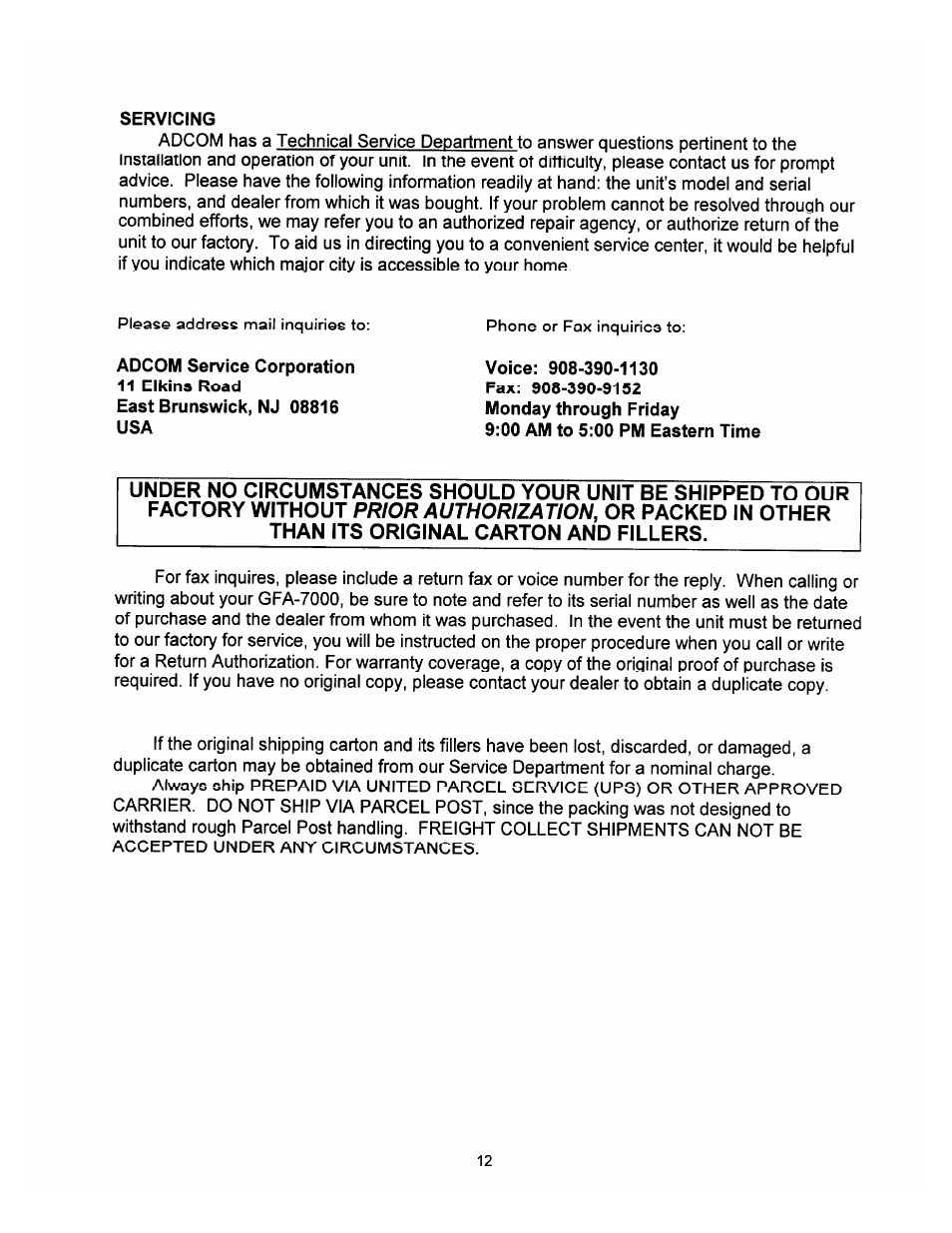 Servicing, Voice: 908-390-1130, 00 am to 5:00 pm eastern time | Adcom THX GFA-7000 User Manual | Page 14 / 16