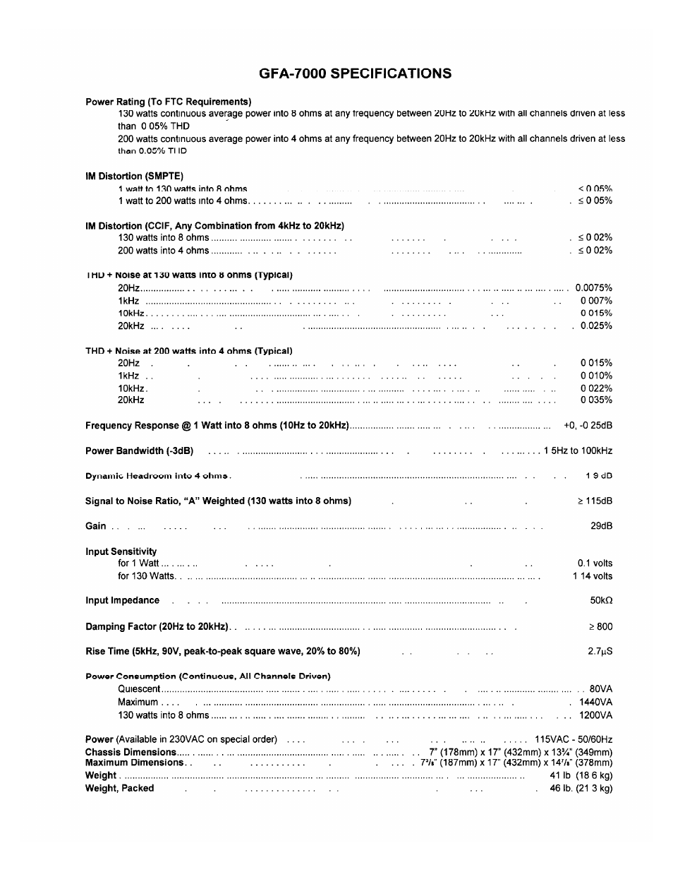 Gfa-7000 specifications | Adcom THX GFA-7000 User Manual | Page 15 / 16