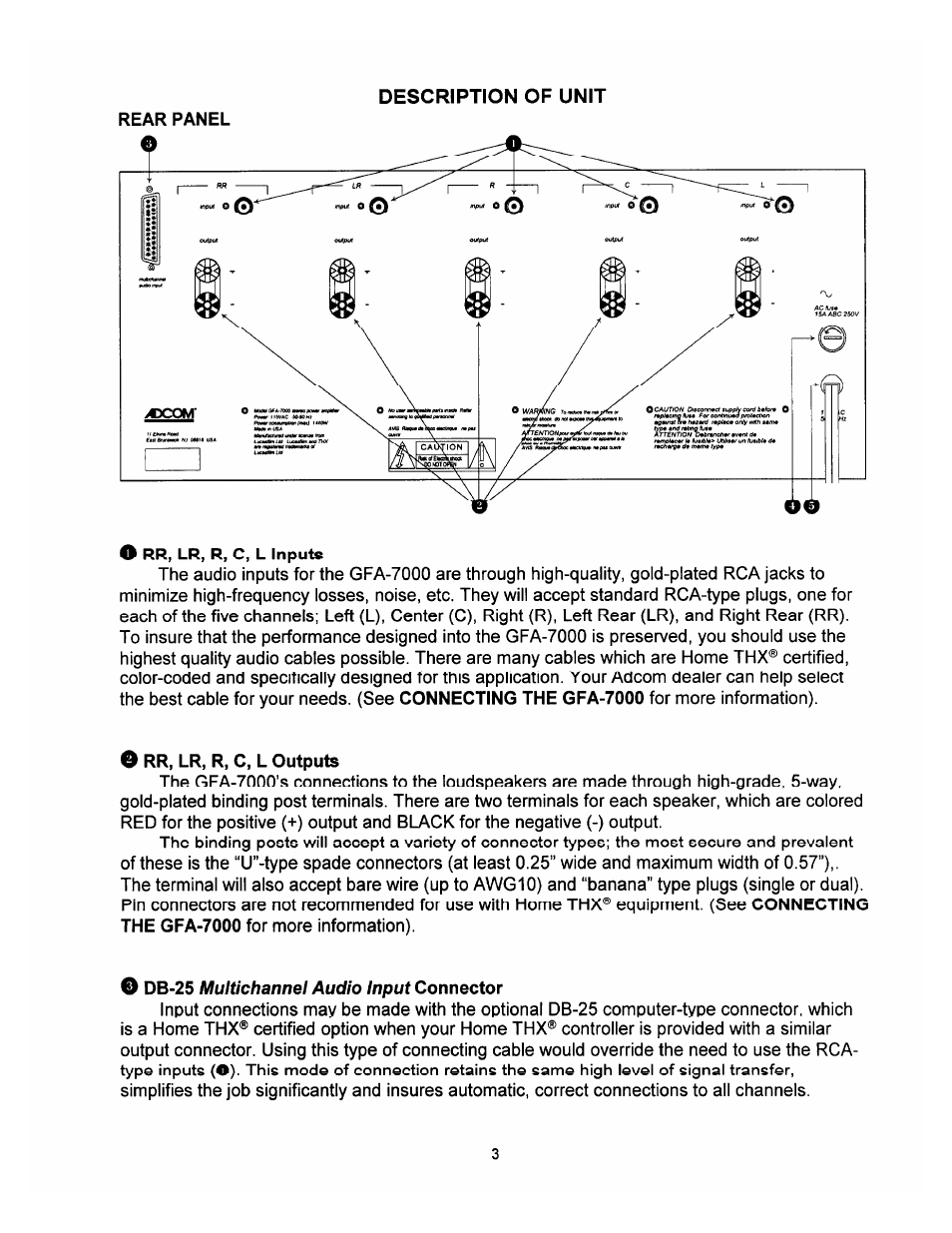 O db-25 multichannel audio input connector | Adcom THX GFA-7000 User Manual | Page 5 / 16