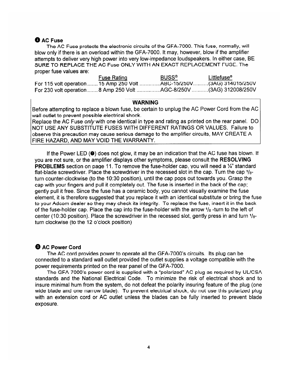 O ac fuse, O ac power cord | Adcom THX GFA-7000 User Manual | Page 6 / 16