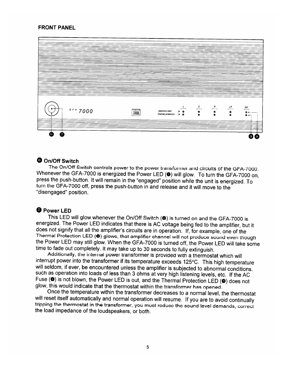 0 on/off switch, O power led | Adcom THX GFA-7000 User Manual | Page 7 / 16
