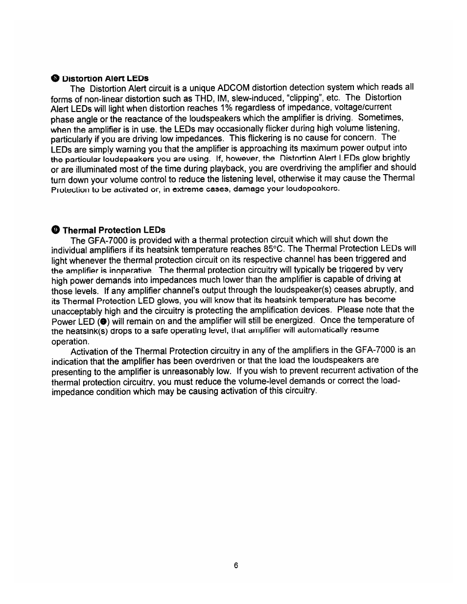 O distortion alert leds, O thermal protection leds | Adcom THX GFA-7000 User Manual | Page 8 / 16