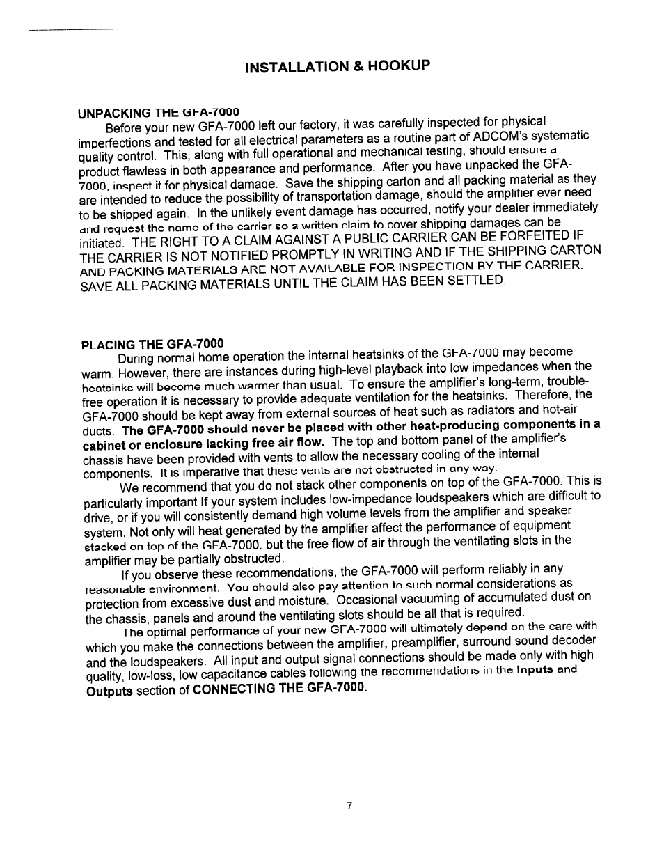 Installation & hookup, Unpacking the gfa-7000, Placing the gfa-7000 | Adcom THX GFA-7000 User Manual | Page 9 / 16