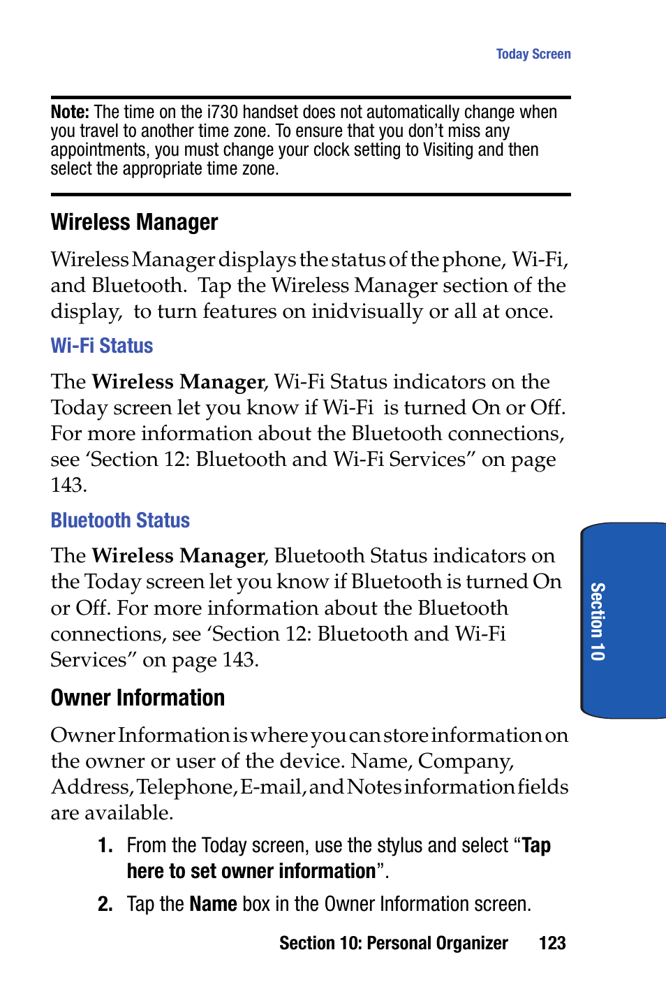 Wireless manager, Owner information | Samsung SCH-I730ZKVXAR User Manual | Page 123 / 214