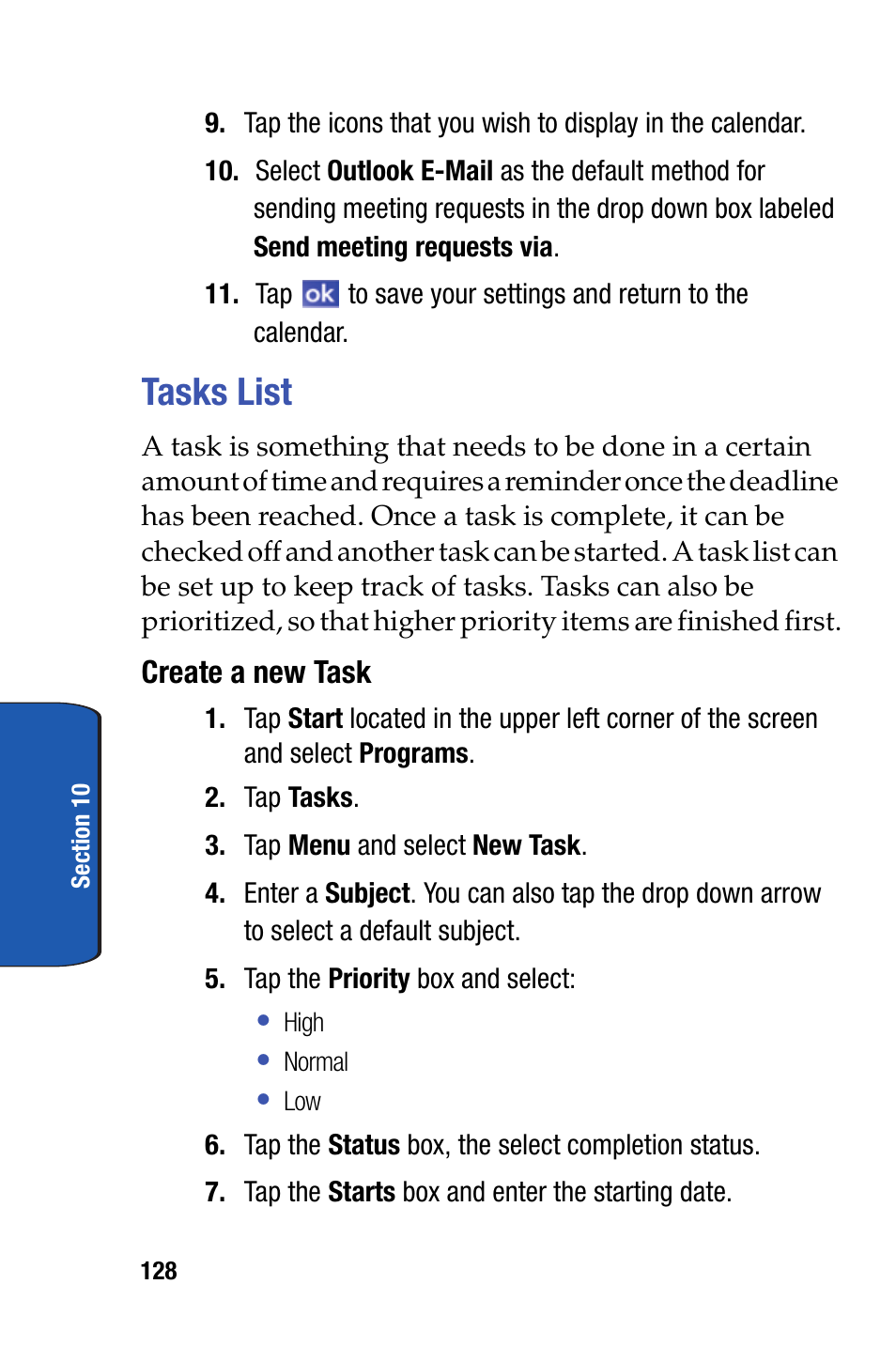 Tasks list | Samsung SCH-I730ZKVXAR User Manual | Page 128 / 214