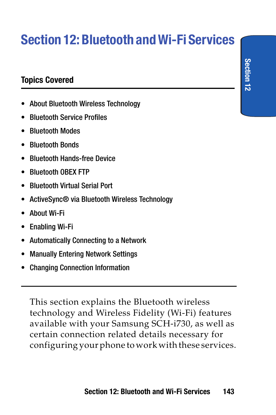 Section 12: bluetooth and wi-fi services | Samsung SCH-I730ZKVXAR User Manual | Page 143 / 214