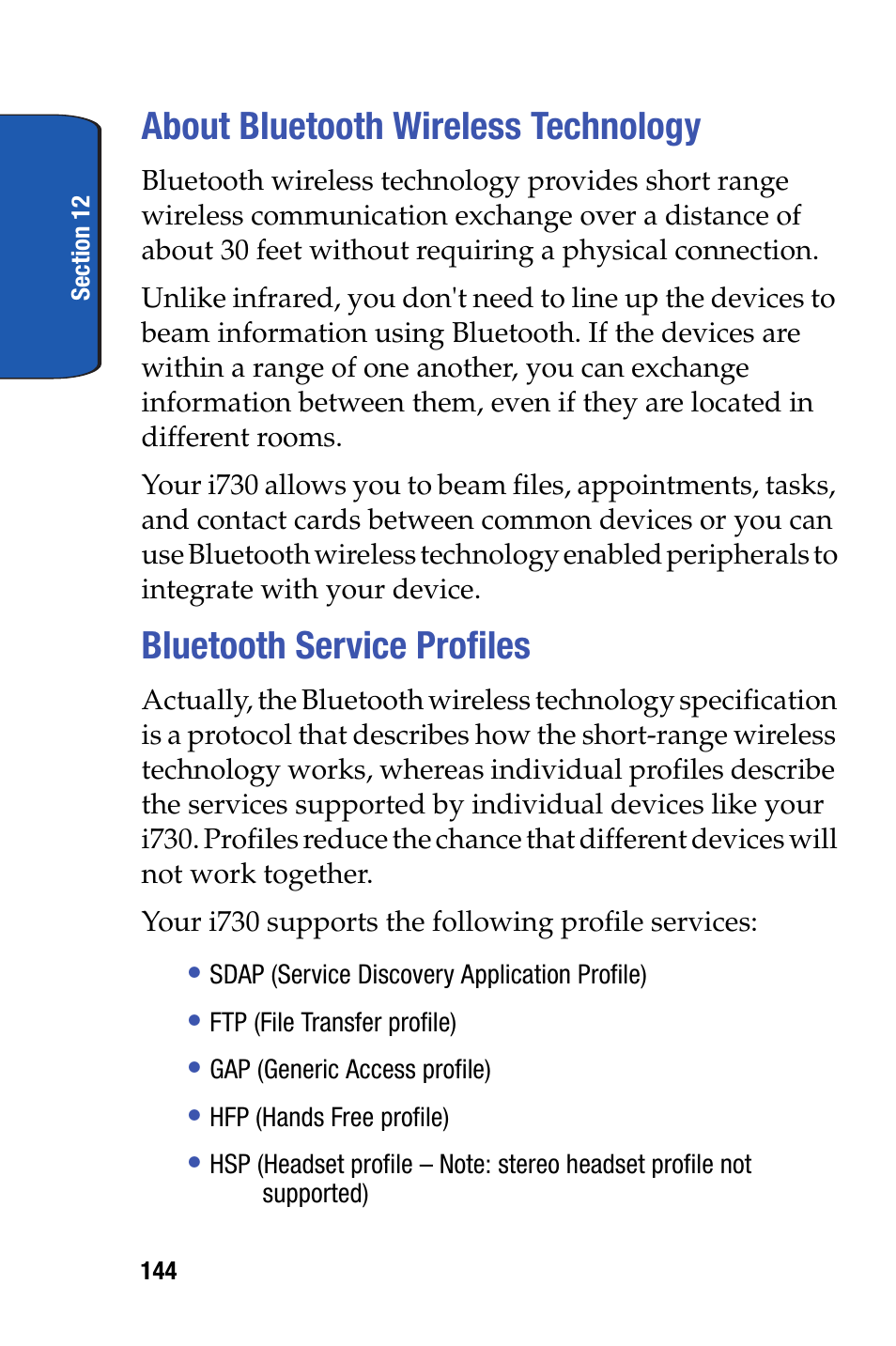 About bluetooth wireless technology, Bluetooth service profiles | Samsung SCH-I730ZKVXAR User Manual | Page 144 / 214