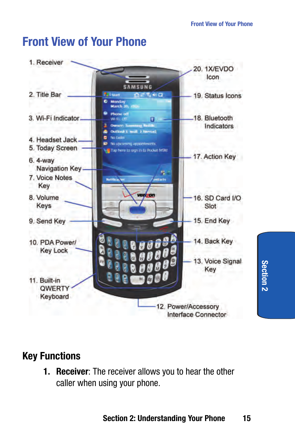Front view of your phone, Key functions | Samsung SCH-I730ZKVXAR User Manual | Page 15 / 214
