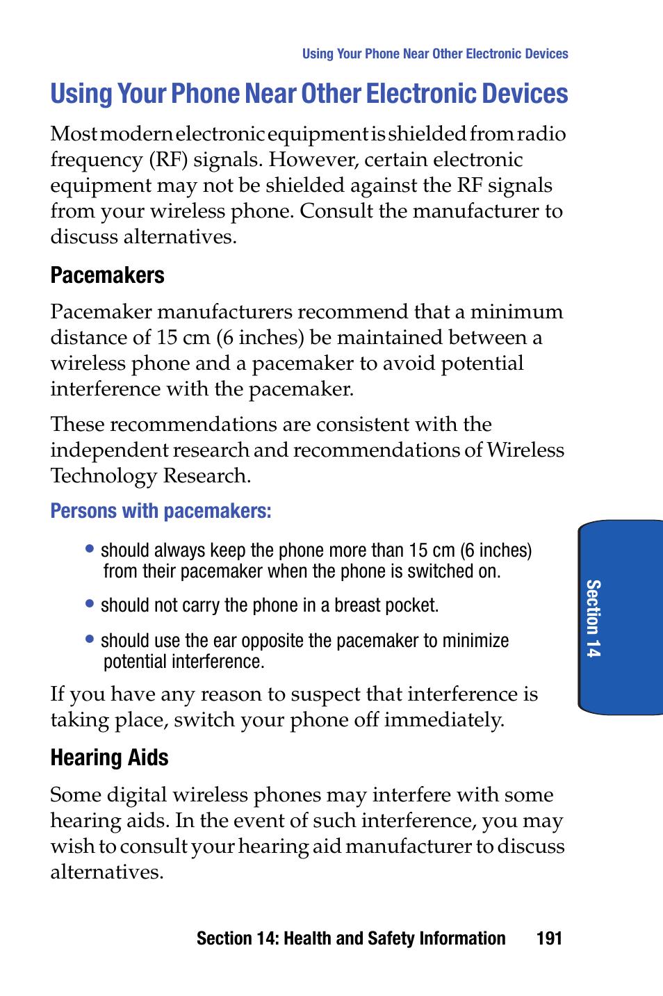 Using your phone near other electronic devices | Samsung SCH-I730ZKVXAR User Manual | Page 191 / 214