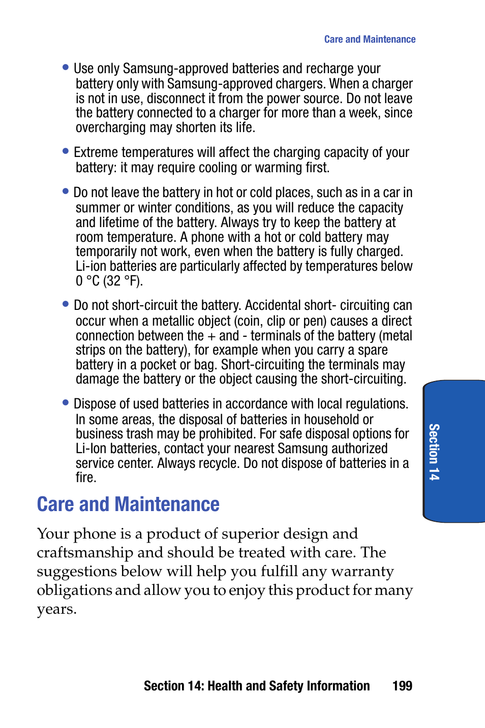 Care and maintenance | Samsung SCH-I730ZKVXAR User Manual | Page 199 / 214