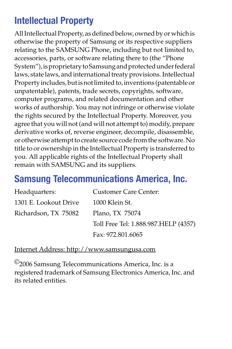 Intellectual property, Samsung telecommunications america, inc | Samsung SCH-I730ZKVXAR User Manual | Page 2 / 214