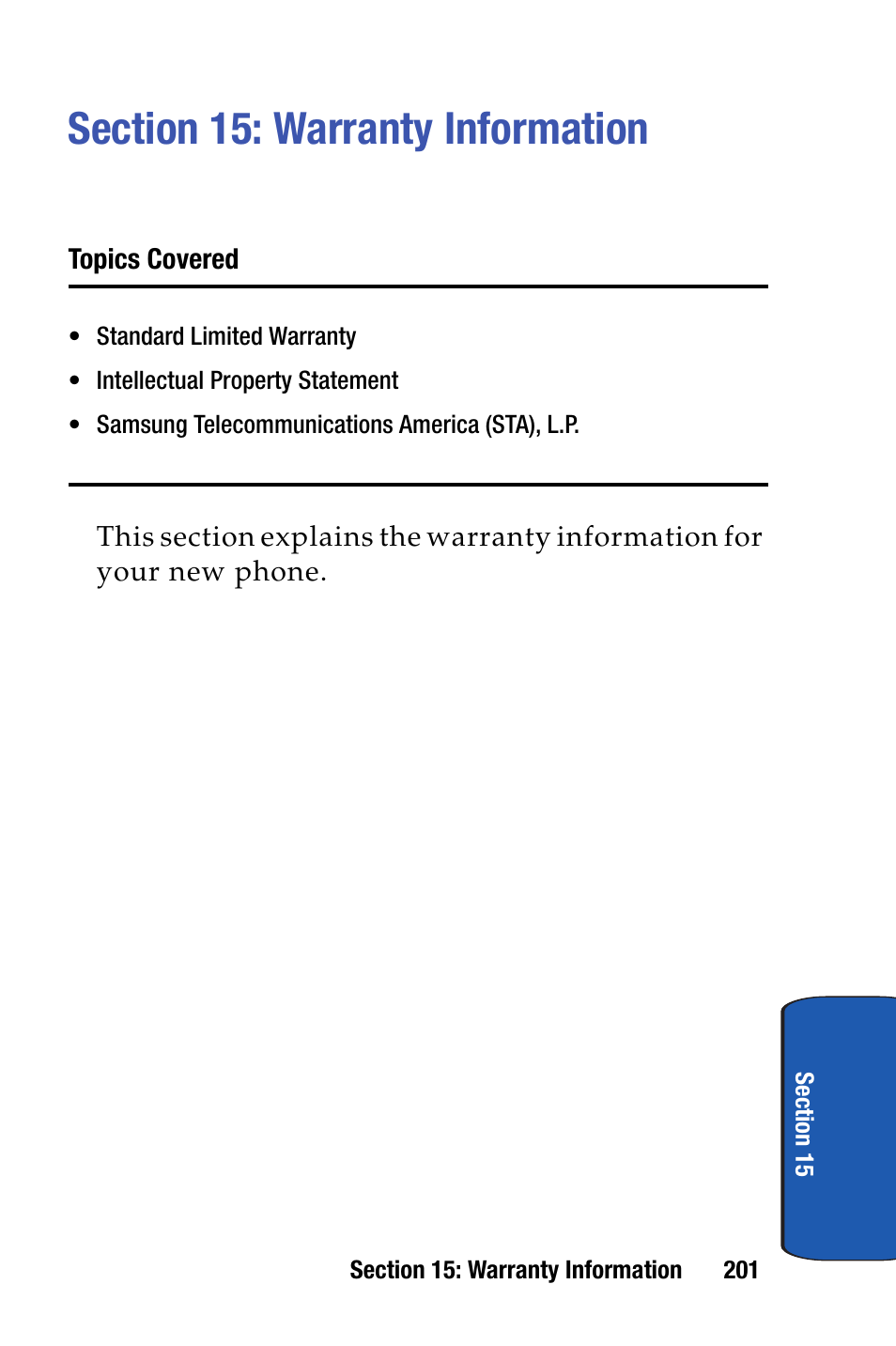 Section 15: warranty information | Samsung SCH-I730ZKVXAR User Manual | Page 201 / 214