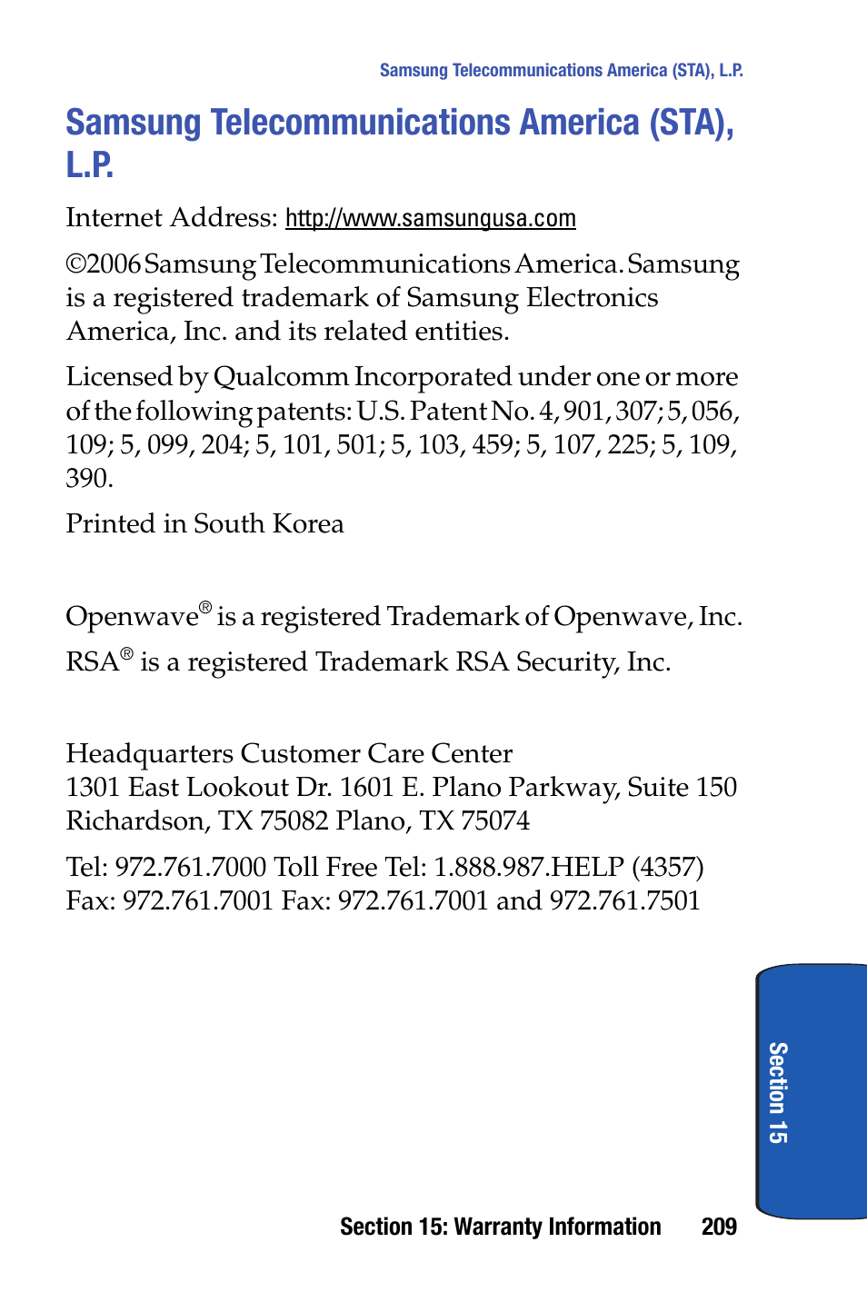 Samsung telecommunications america (sta), l.p | Samsung SCH-I730ZKVXAR User Manual | Page 209 / 214