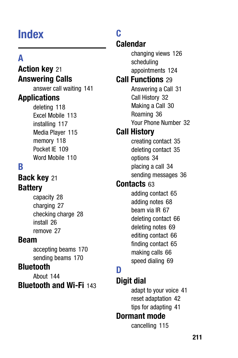 Index | Samsung SCH-I730ZKVXAR User Manual | Page 211 / 214