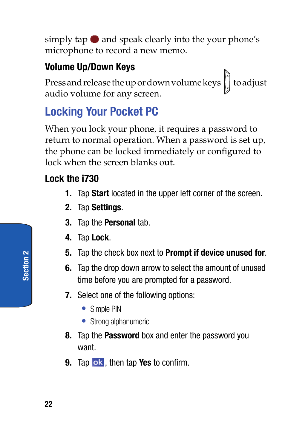 Locking your pocket pc | Samsung SCH-I730ZKVXAR User Manual | Page 22 / 214