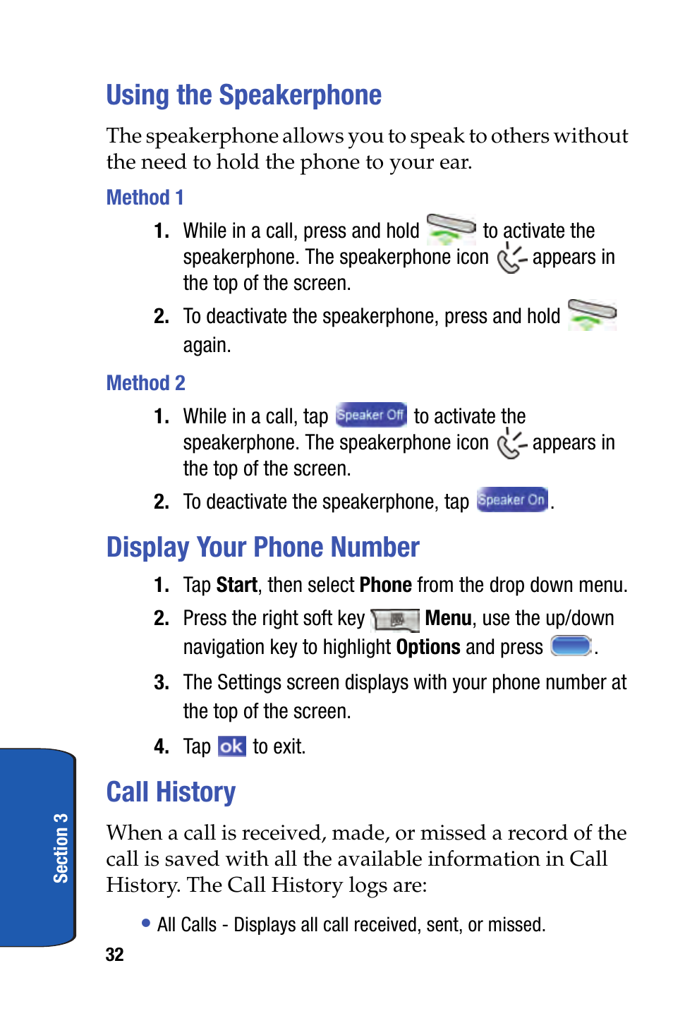 Using the speakerphone, Display your phone number, Call history | Samsung SCH-I730ZKVXAR User Manual | Page 32 / 214