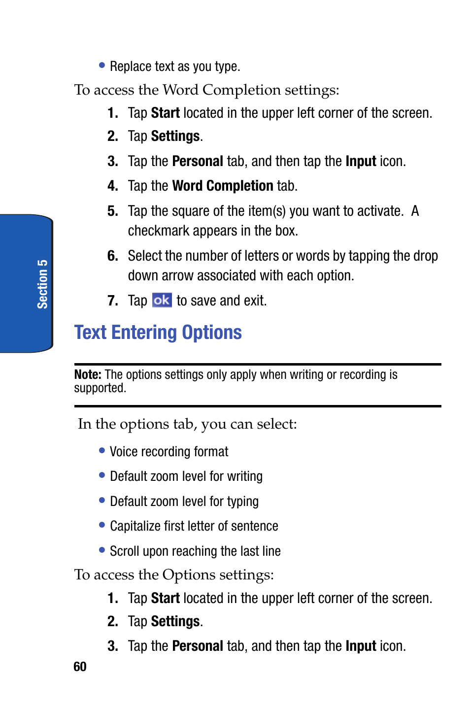 Text entering options | Samsung SCH-I730ZKVXAR User Manual | Page 60 / 214