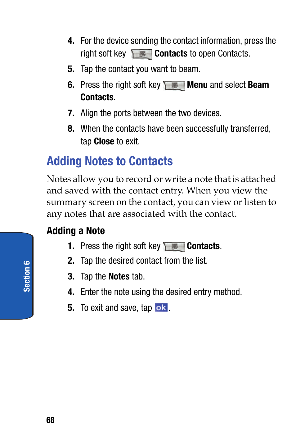 Adding notes to contacts | Samsung SCH-I730ZKVXAR User Manual | Page 68 / 214