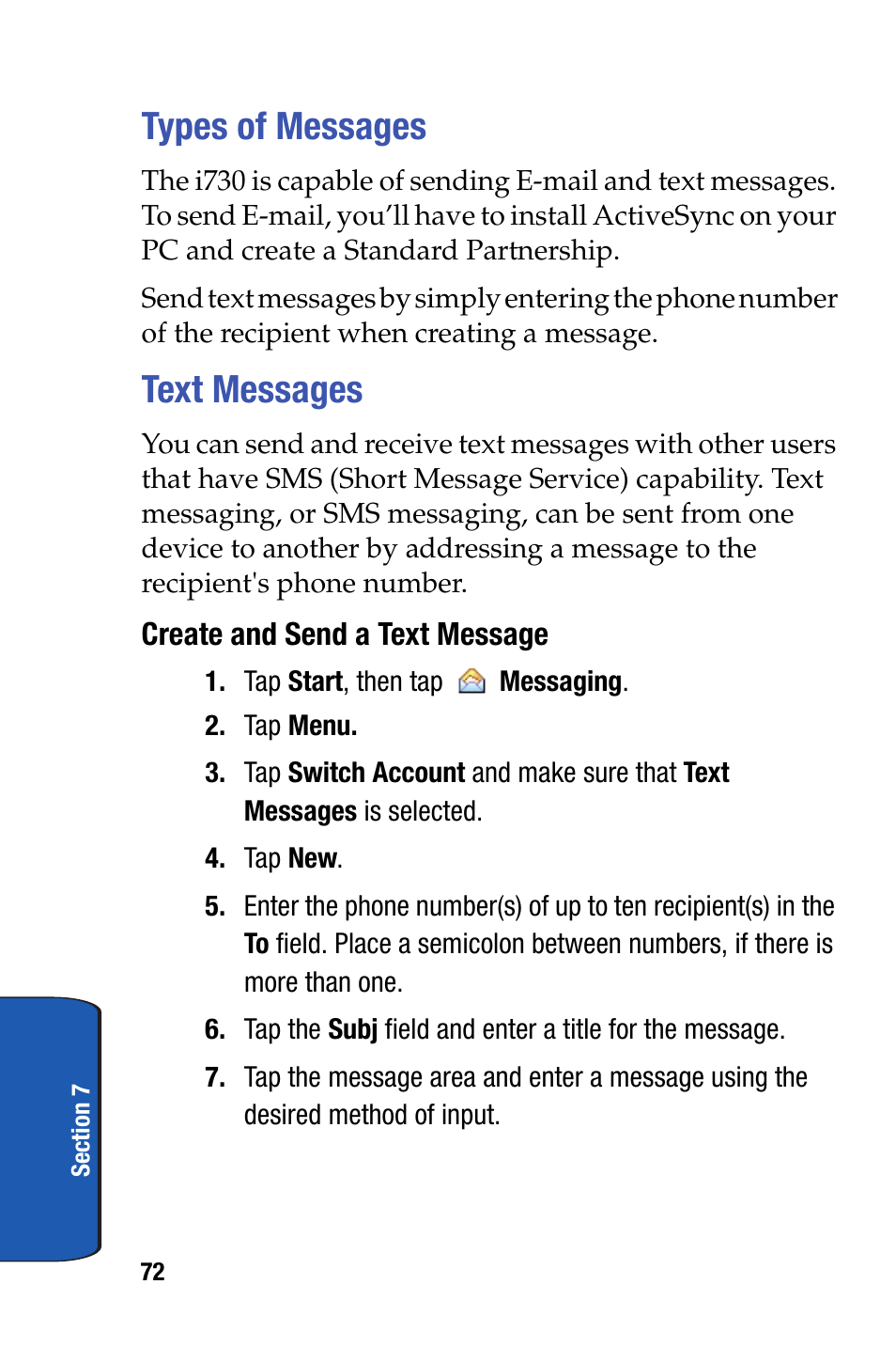 Types of messages, Text messages, Types of messages text messages | Samsung SCH-I730ZKVXAR User Manual | Page 72 / 214