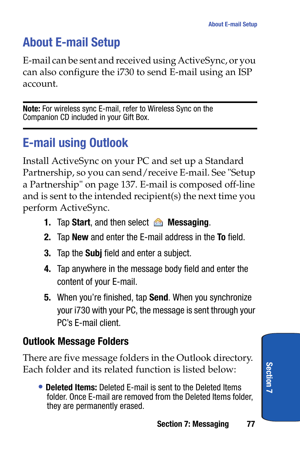 About e-mail setup, E-mail using outlook, About e-mail setup e-mail using outlook | Samsung SCH-I730ZKVXAR User Manual | Page 77 / 214