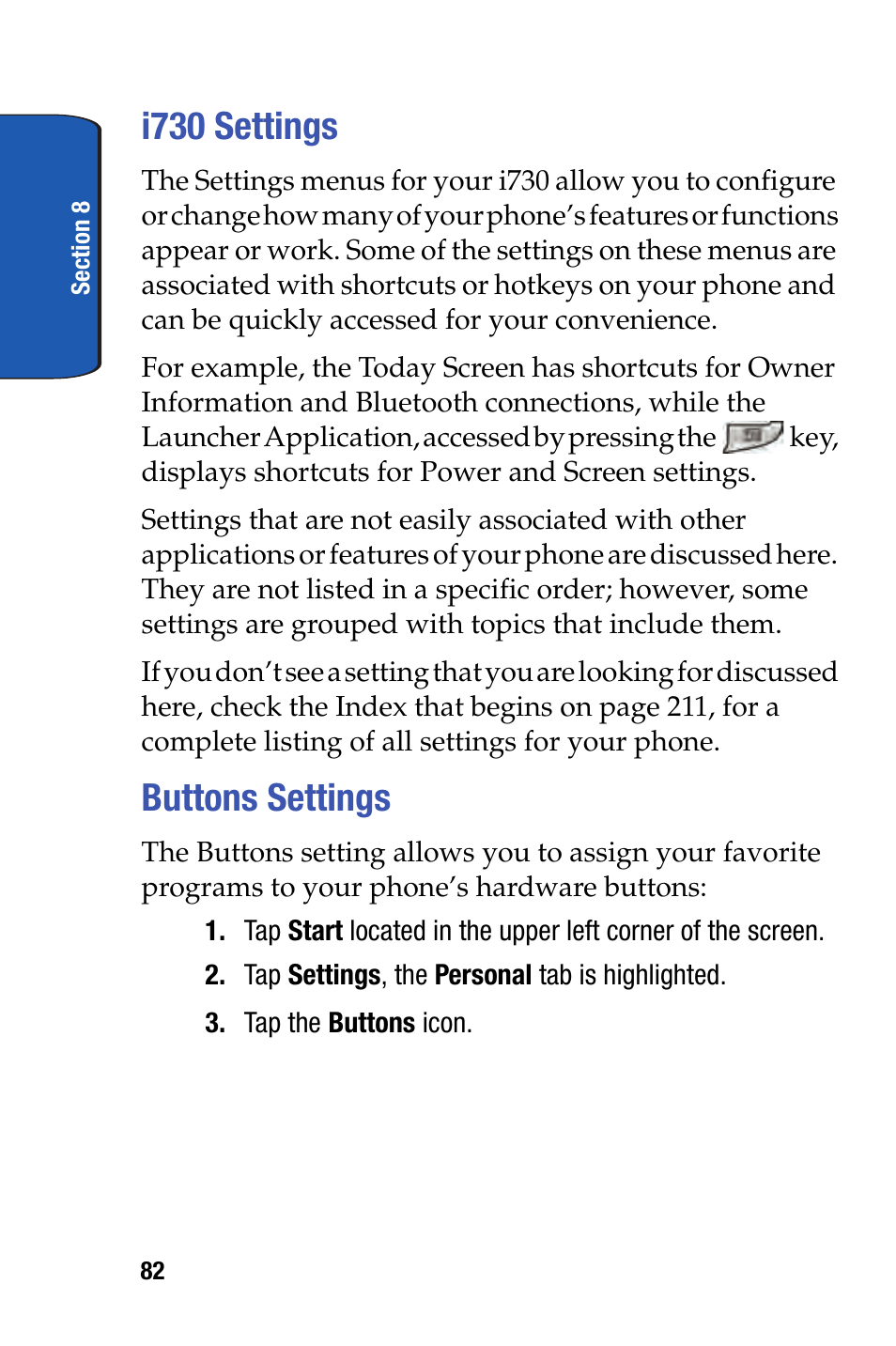 I730 settings, Buttons settings, I730 settings buttons settings | Samsung SCH-I730ZKVXAR User Manual | Page 82 / 214