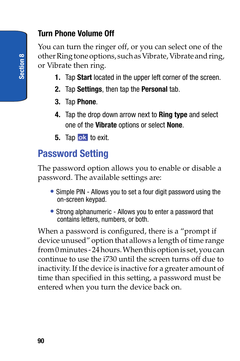 Password setting | Samsung SCH-I730ZKVXAR User Manual | Page 90 / 214