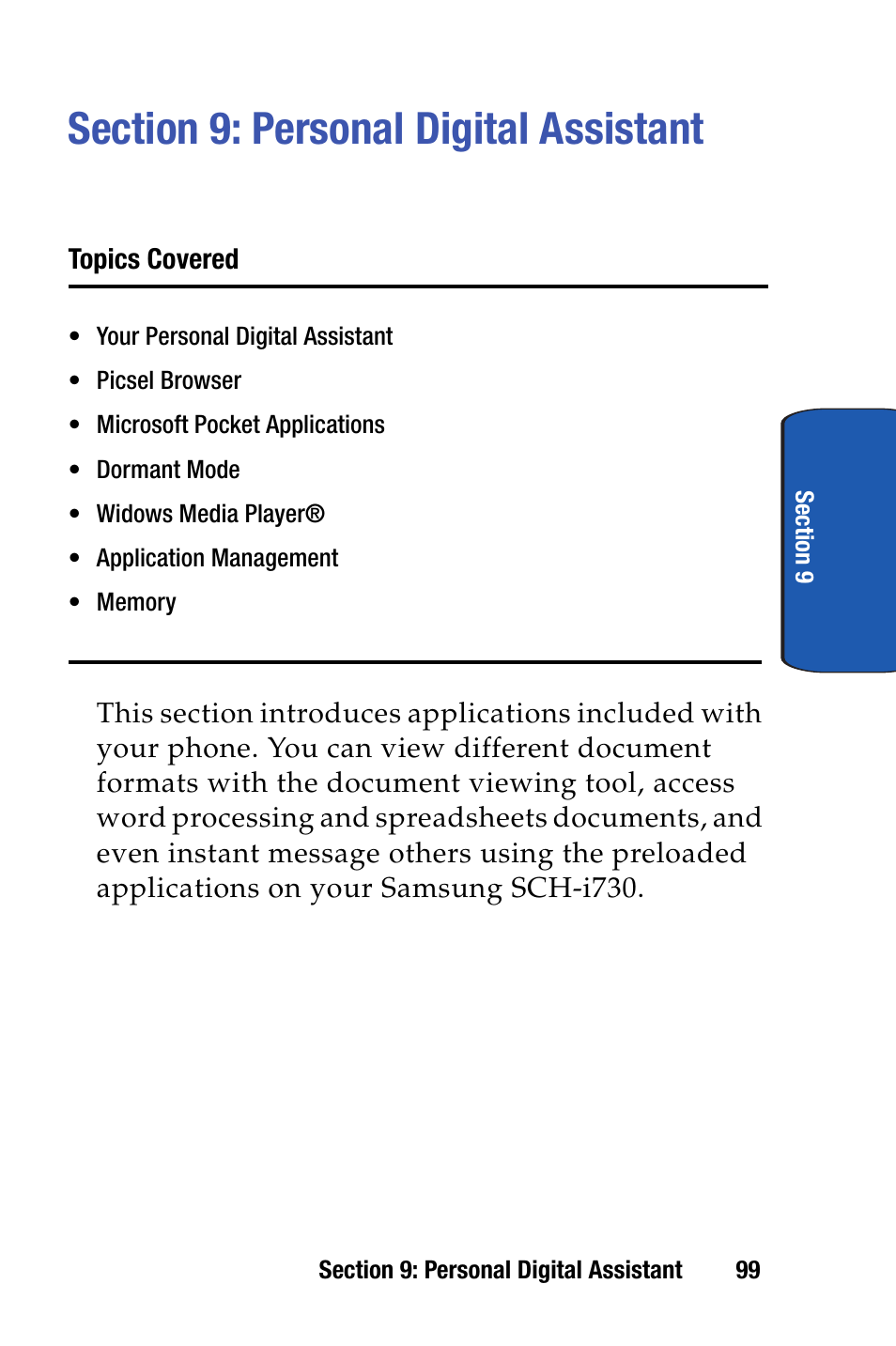 Section 9: personal digital assistant | Samsung SCH-I730ZKVXAR User Manual | Page 99 / 214