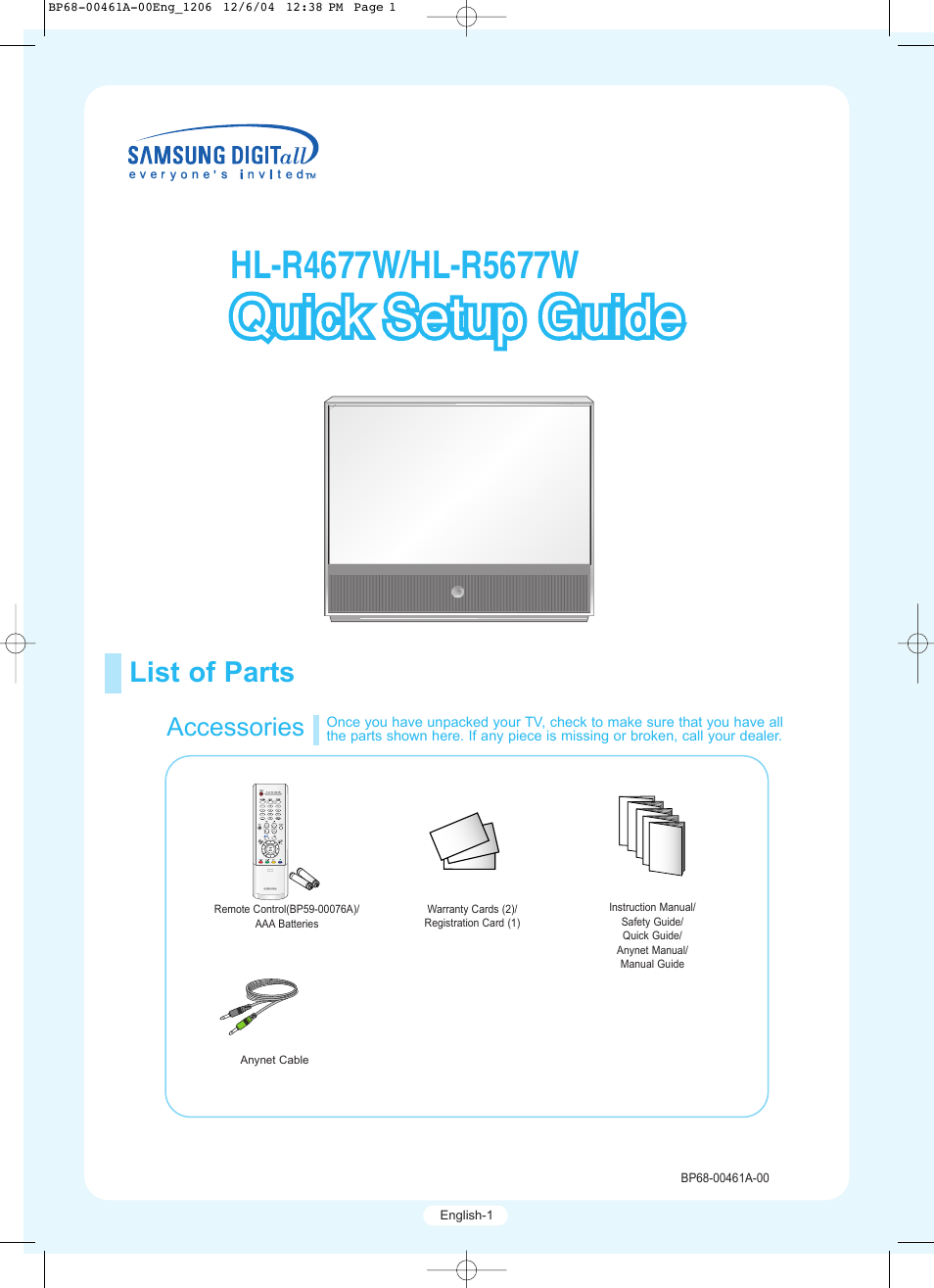 Samsung HLR5677WX-XAA User Manual | 16 pages