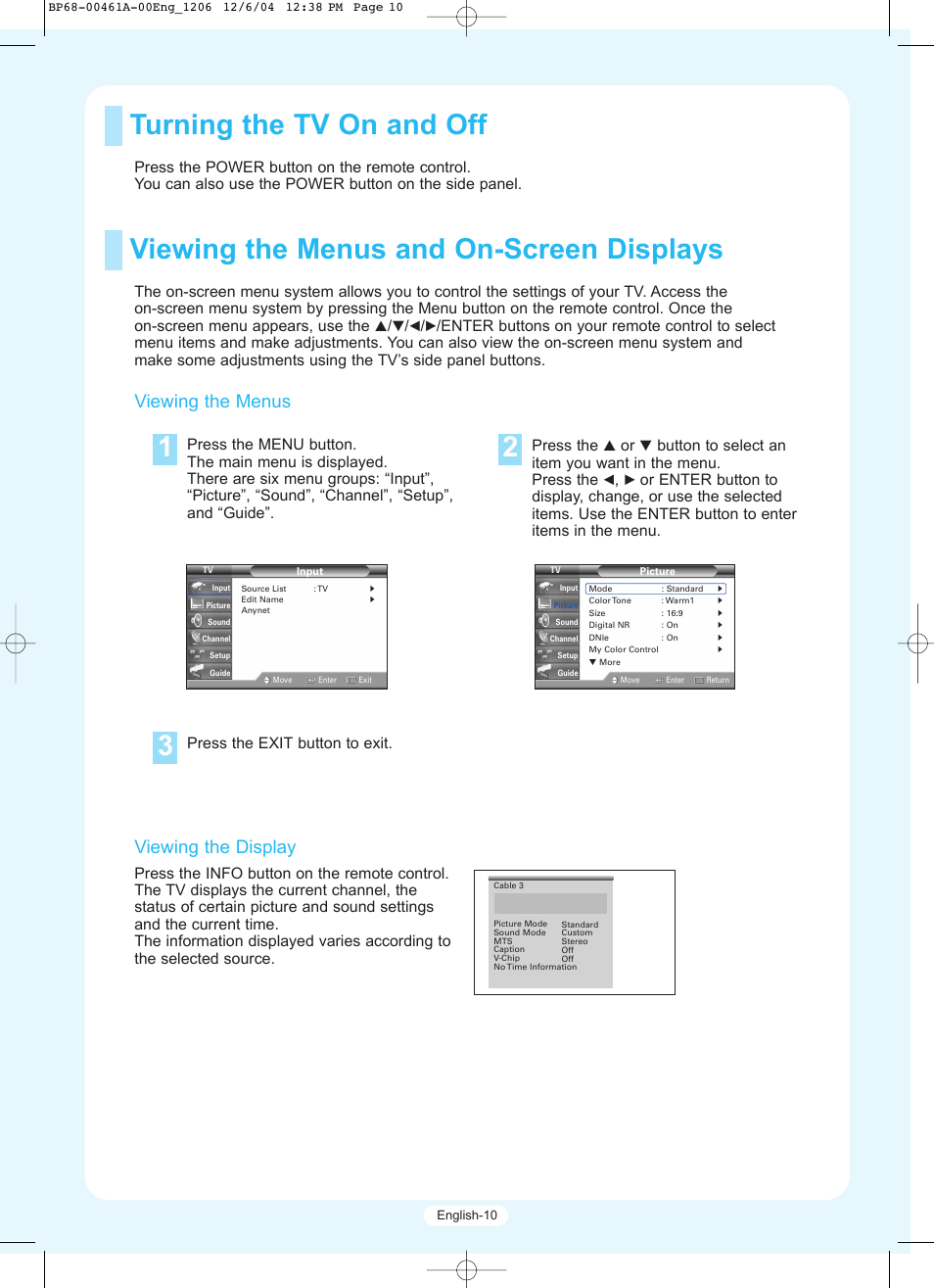 Turning the tv on and off, Viewing the menus and on-screen displays, Viewing the menus viewing the display | Samsung HLR5677WX-XAA User Manual | Page 10 / 16