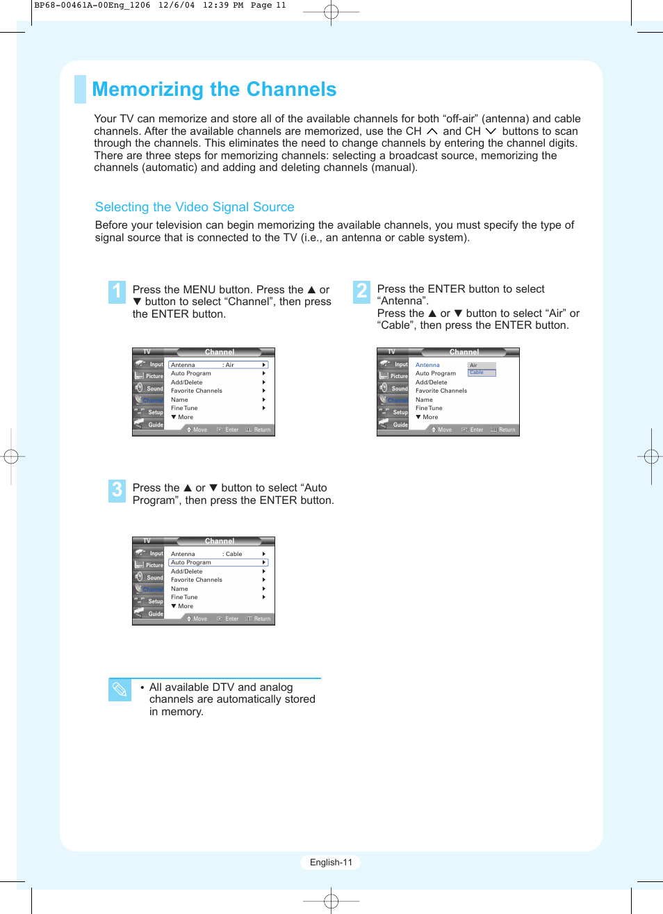 Selecting the video signal source, Press the menu button. press the, Press the | Samsung HLR5677WX-XAA User Manual | Page 11 / 16