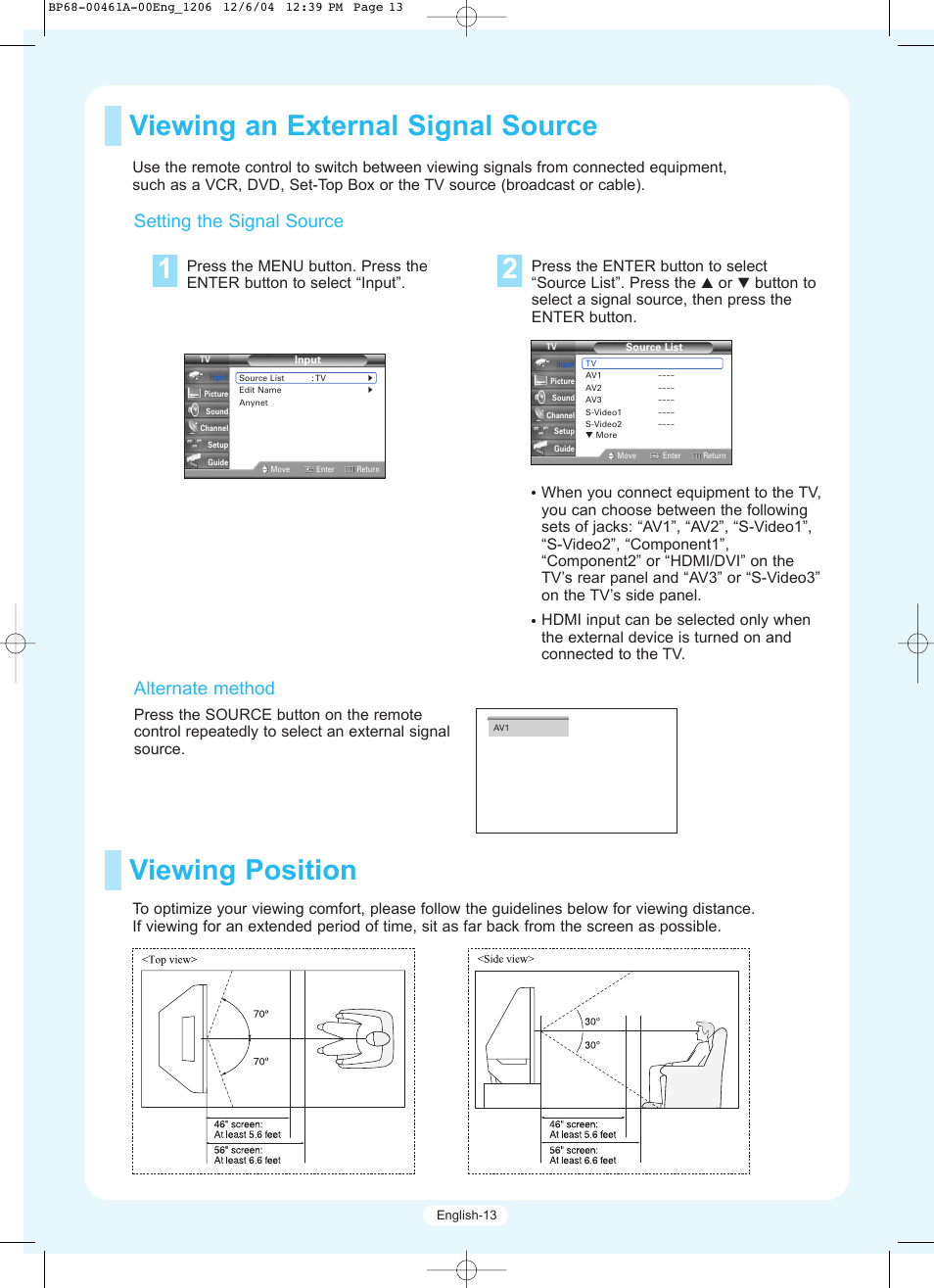 Viewing an external signal source, Viewing position, Setting the signal source | Alternate method | Samsung HLR5677WX-XAA User Manual | Page 13 / 16