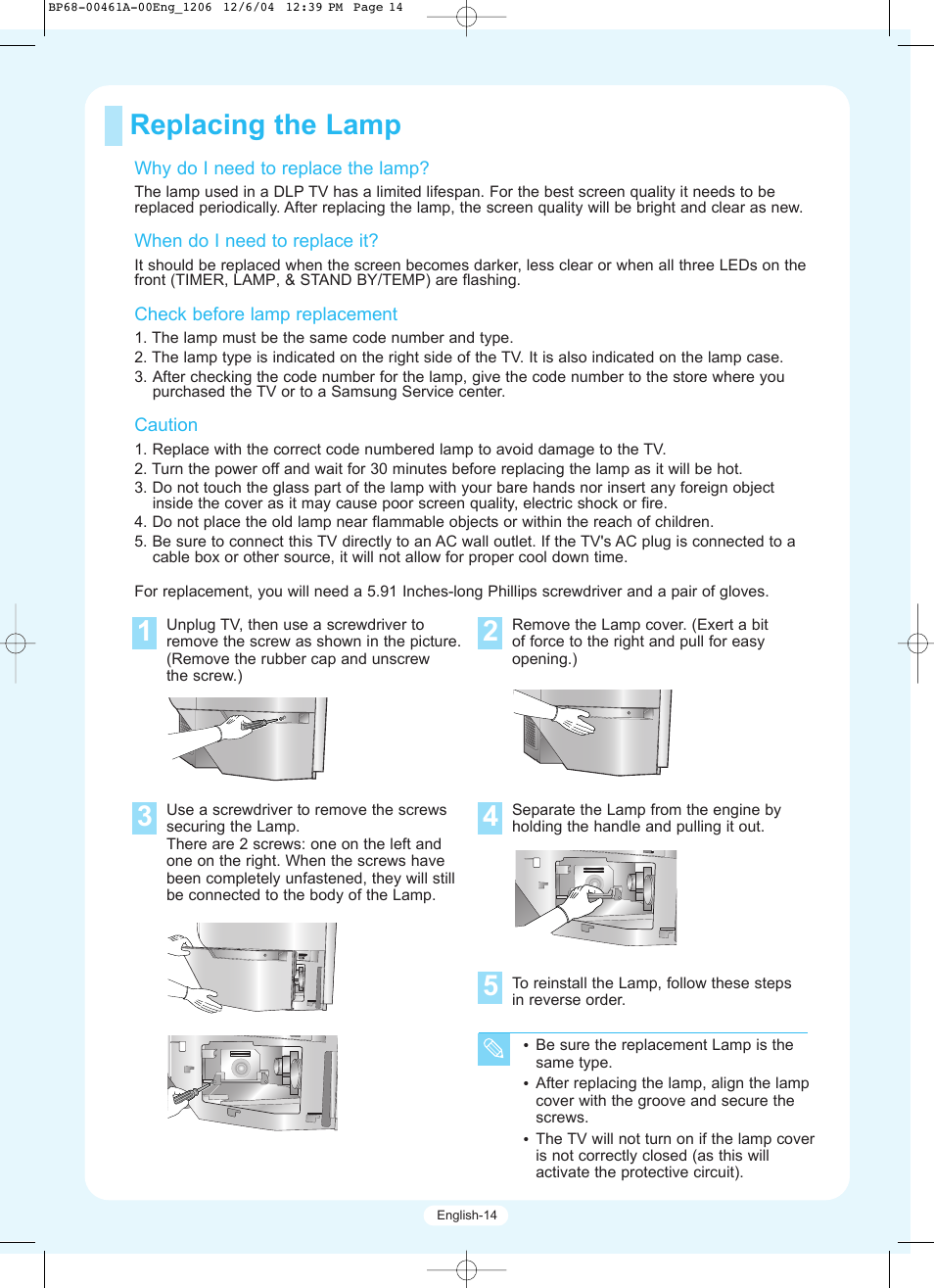 Replacing the lamp | Samsung HLR5677WX-XAA User Manual | Page 14 / 16