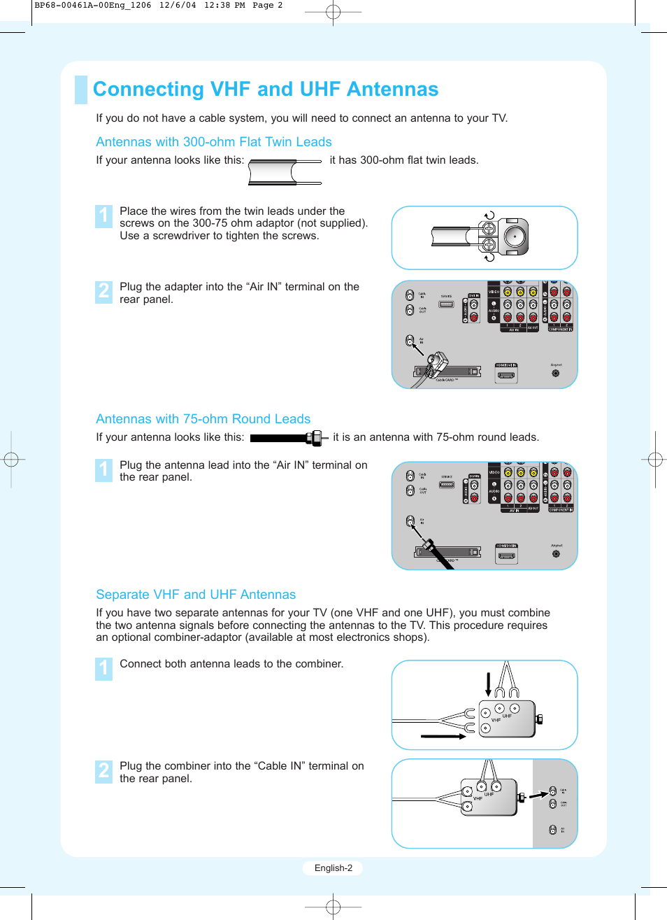 Connecting vhf and uhf antennas 1 | Samsung HLR5677WX-XAA User Manual | Page 2 / 16