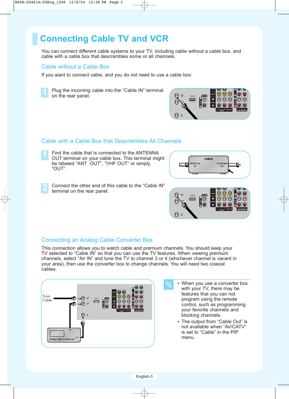 Connecting cable tv and vcr | Samsung HLR5677WX-XAA User Manual | Page 3 / 16