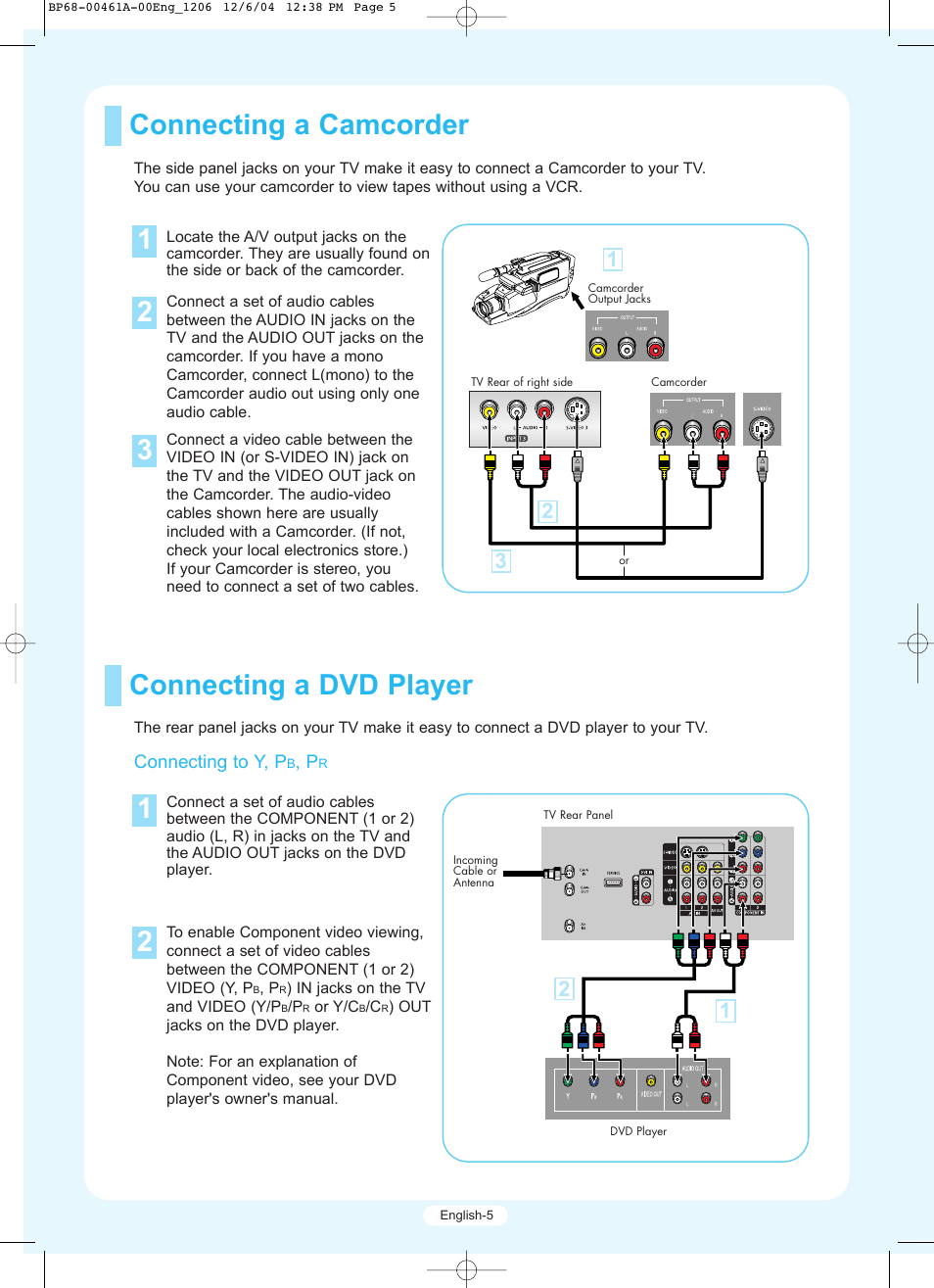 Connecting a dvd player connecting a camcorder 1 2 | Samsung HLR5677WX-XAA User Manual | Page 5 / 16