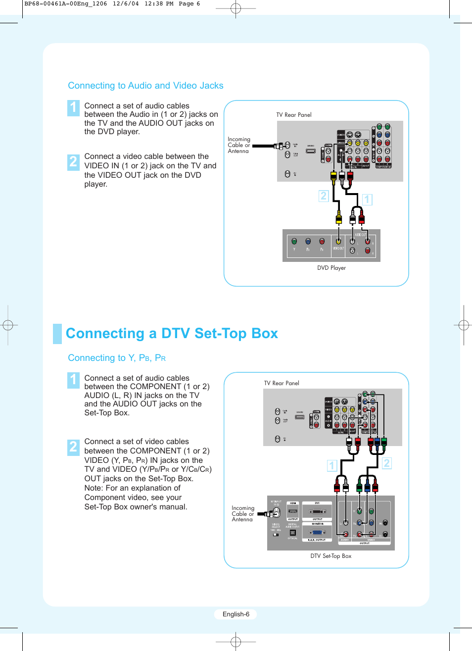 Connecting a dtv set-top box 1 2 | Samsung HLR5677WX-XAA User Manual | Page 6 / 16